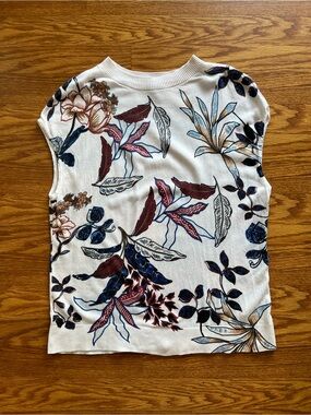 Talbots White Sleeveless Floral-Print Knit Top with Navy & Brown Accents